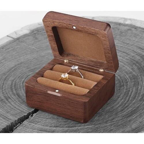 Walnut Wood Ring Box for Two Engagement Rings Jewelry Box Anniversary Black Walnut Timber Gift Box with Soft Lining Custom Logo