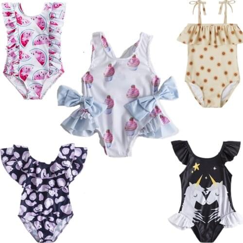 Swimsuit Girls Kids Baby Ruffle One Piece Bikini Children Swimwear Printed Backless Toddler Beach Party Cover Up Bathing Suits