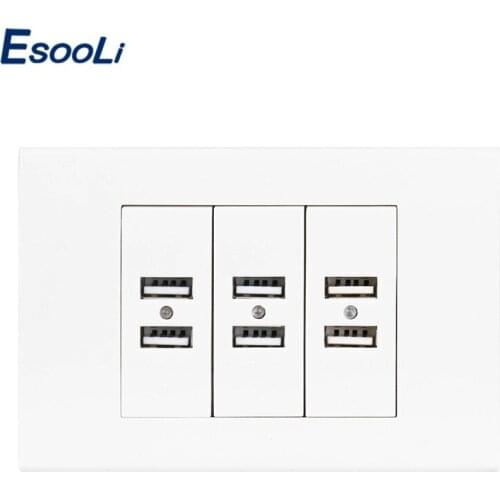 Esooli US / AU Standard Wall USB Socket 6 USB Charger Port for Mobile With Indicator 118mm*80mm White Plastic Panel