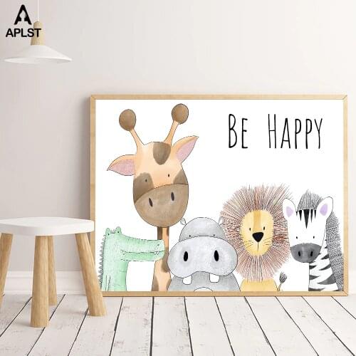 Be Happy Nursery Room Prints Painting On Canvas Animals Hippo Giraffe Monkey Lion Poster Picture Home Decor for Kids Baby Room