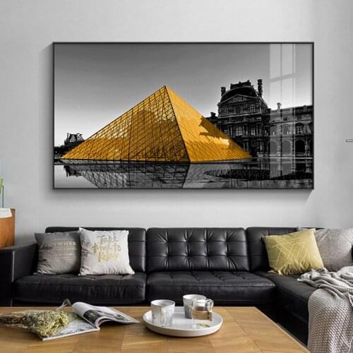 Modern style Louvre painting wall pictures for living room golden glass pyramid shrouded in black and white city wall art canvas