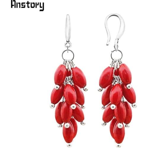 Cluster Natural Red Coral Bead Hook Earrings For Women Personality Design Fashion Jewelry Antique Silver Plated TE251