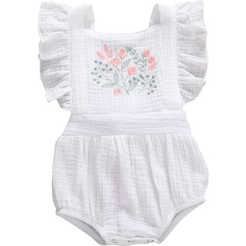 2020 Newborn Baby Girls Romper Sleeveless Ruffle Embroidered Flower Pattern Loose Button Closure Cozy Jumpsuit Romper Outfit