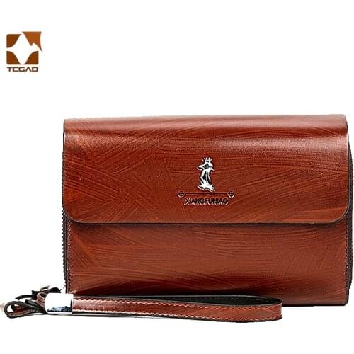 Retro Leather Wallet Organuzer Clutch Bag Men Hasp Double Zipper Wristlet Wallet Vintage Business Coin Purse Flip Phone Bag