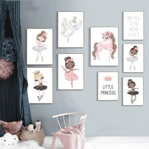 Swan Unicorn Canvas Painting Nursery Wall Art Posters Ballet Girl Poster Pink Print Nordic Wall Pictures Baby Girl Bedroom Decor