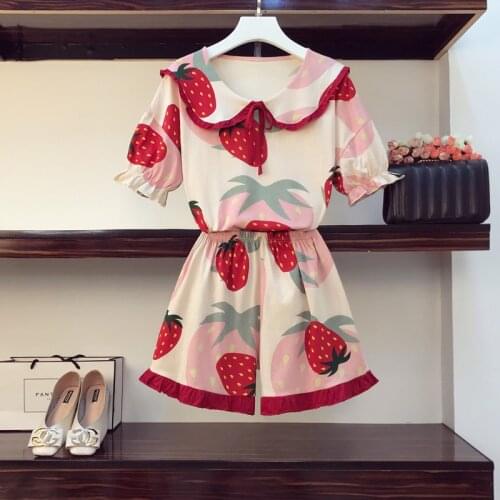 Cute Strawberry Fruit Print Summer Pajamas Set For Women 2020 Girls Loose Casual Sleepwear Sweat Tops and Shorts 2 Set Homewear