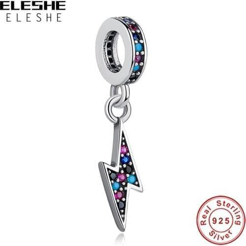 Lightning Bolt Dangle Charm Real 925 Sterling Silver With Cubic Zirconia Bead Fit Women Bracelets Bangle DIY Jewelry Gift