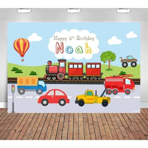 Cartoon Train Cars Boys Birthday Party Backgrounds for Photo Studio Blue Sky Clouds Green Grass Hot Air Balloon Backdrop