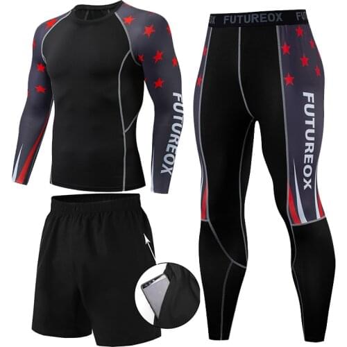 Gym Mens Workout Wear 3-piece Tights Long Sleeve T-shirt & Jogger Pants Fitness Sports Running Set