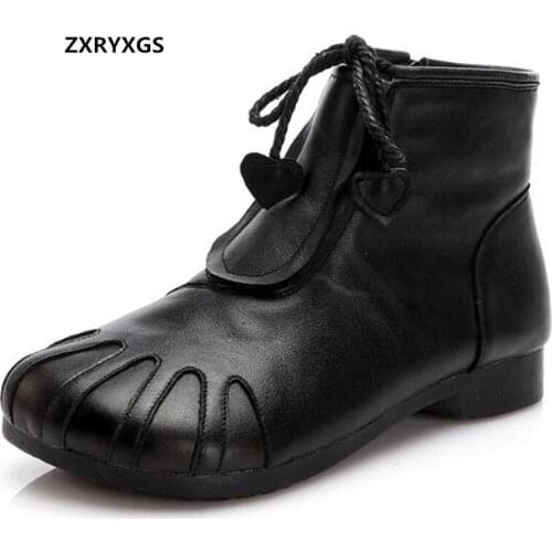 2020 New Top Cowhide Winter Leather Boots Low Heel Comfortable Warm Boots Snow Shoes Retro Trendy Shoes Winter Womens Boots