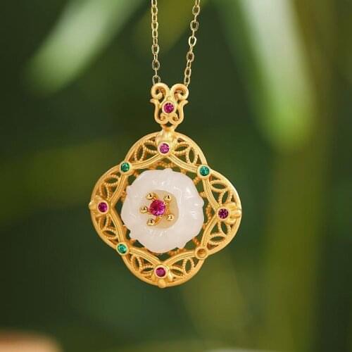 New inlaid zircon natural Hetian jade hollow plum blossom necklace pendant personality classical lady silver jewelry