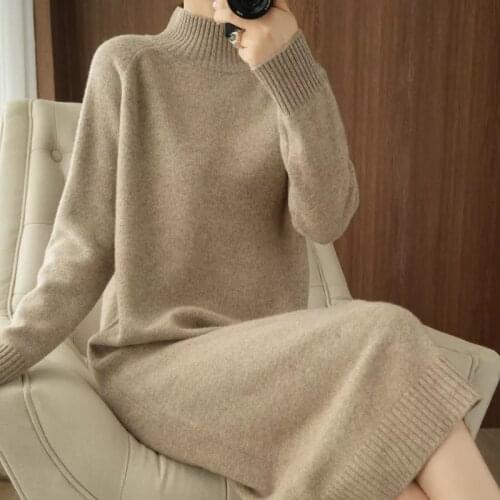 Solid Pullover Clothes Thick Warm Women 2021 Autumn Winter New Mid-Long Knitted Sweater Dresses Female Loose Straight