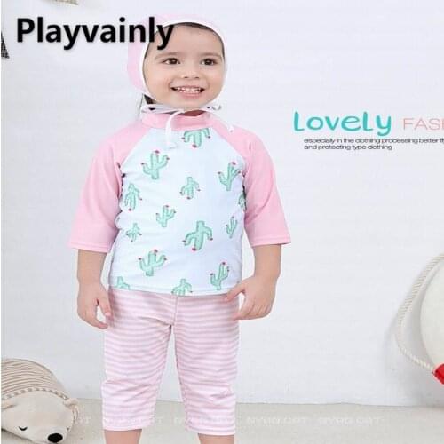 Wholesale Baby Girls Swimming Wear Cactus long sleeve swimsuit + Striped pants +Hat 3pcs suit Children Fashion Swimwear E71189