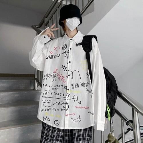 Autumn Retro Long-Sleeved Shirt Womens Harajuku English Graffiti Printed Shirt Street Harajuku Style Mens Casual Trend Shirt