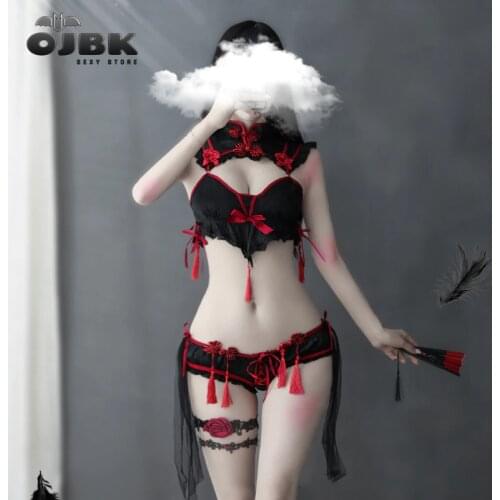 Sexy Cosplay Traditional Dress for Women Gothic Punk little Devil Bra Set Black Red Cheongsams Party Fashion Solid Color Satin V