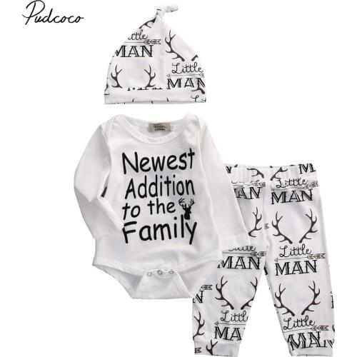 Pudcoco Lovely Toddler Infant Boy Clothes Casual Cotton Long Sleeve O-Neck Bodysuit Pant Hat Outfit Set 0-18 Months Helen115