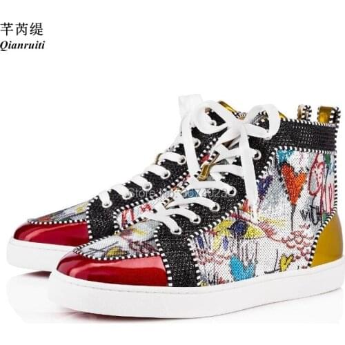 Qianruiti Men Graffiti Painting High Top Spiked Sneakers Mixed Color Casual Shoes Lace up Flats Rubber Sole Shoes Runway Male