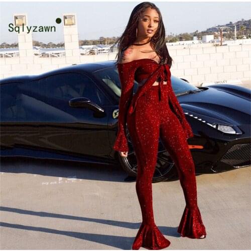 2019 Luxury Sparkly Line Tops Diamond Flare Sleeve Flare Pants Jumpsuit Women Club Wear 2 Piece Set Party Suit Matching Outfits