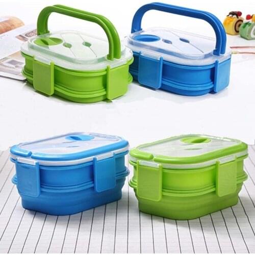1600ml Silicone Collapsible Lunch Box Double Layer Portable Bento Box Large Capacity Folding Lunchbox BPA Free