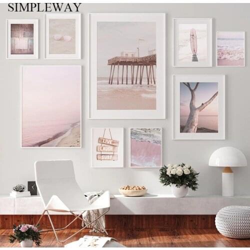 Nordic Beach Landscape Canvas Poster Pink Ocean Waves Art Print Coastline Painting Surfboard Sand Wall Picture Modern Home Decor