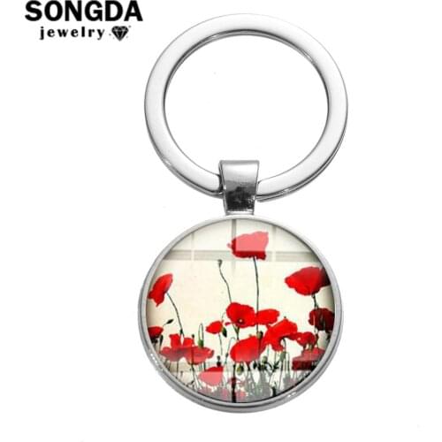 SONGDA 2019 New Arrival Vintage Red Flower Keychain Field Of Flowers Glass Cabochon Art Picture Car Key Chain Holder Wholesale