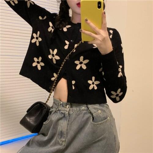 Black Flower Knitted Cardigan New Spring And Autumn Loose Short Sweater For Women