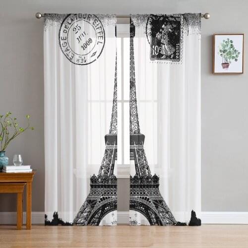 Eiffel Tower Retro Vintage Stamp Black White Tulle Curtain Voile Transparent for Bedroom Living Room Sheer Window Curtains
