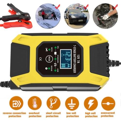 Car Battery Charger 12V 7A 7 Stage Car Motorcycles Smart Battery Replenisher Maintainer LCD Display Auto Smart Battery Charger