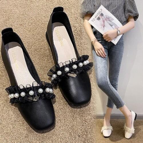 Women Ballet Flats Pearls Slip on Shoes Loafers Lace Mary Janes Shoes For Ladies Flats White Wedding Shoes Zapatos Mujer 9381N