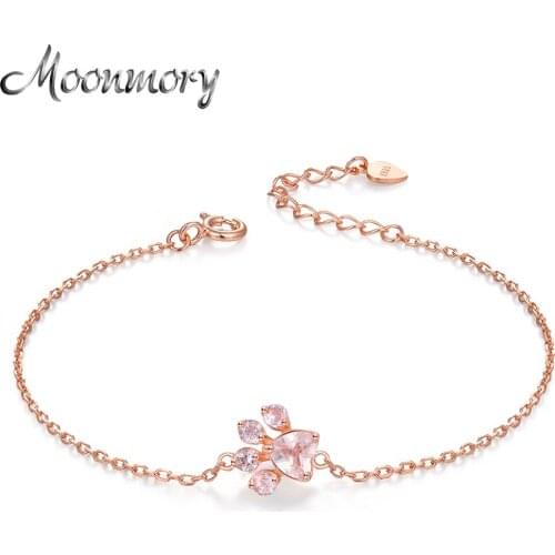 Moonmory Real 925 Sterling Silver Bears Paw Rose Gold Resizable Bracelet For Women Romantic Christmas Support Wholesale