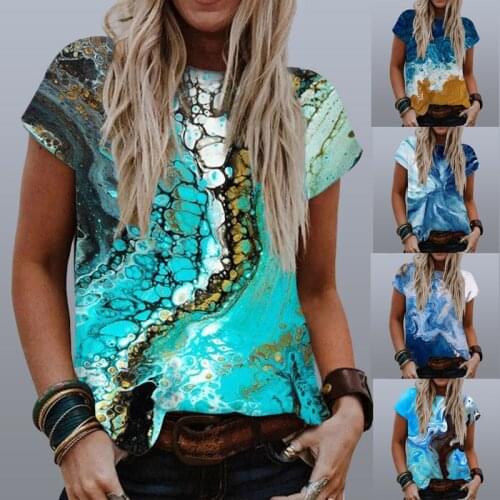 2021 Summer Women Watercolor Pattern Printing Tops Lady Casual Loose Clothes Female Round Neck Harajuku Short Sleeve Shirt