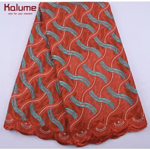 Kalume African Swiss Cotton Lace Fabric Orange Nigerian Swiss Voile Cotton Lace Fabric With Stones For Sewing Cotton Laces 2178
