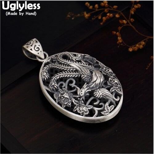 Uglyless 100% Real 990 Pure Silver Ethnic Totem Phoenix Pendants Necklaces NO Chains Handmade Thai Silver Peacock Pendant Hollow