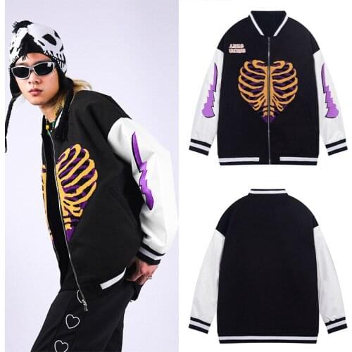 ERENEJIAN Unisex Skeleton Baseball Jacket With Furry Embroidery Hi Street Loose Fit Harajuku Hip Hop Varsity Coat Outerwear