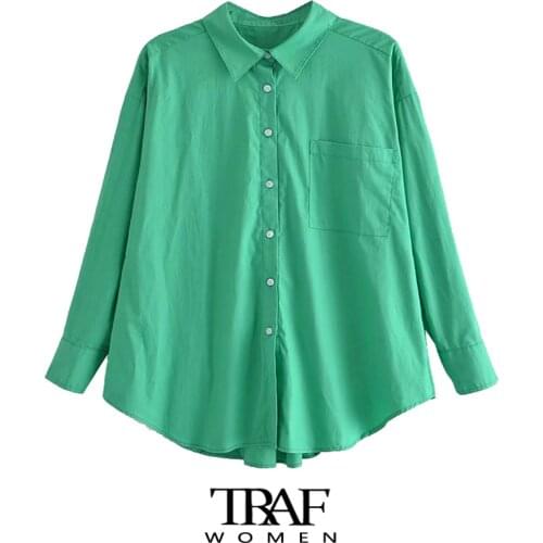 TRAF Za Women Fashion With Pocket Oversized Green Blouses Vintage Long Sleeve Button-up Female Shirts Chic Tops