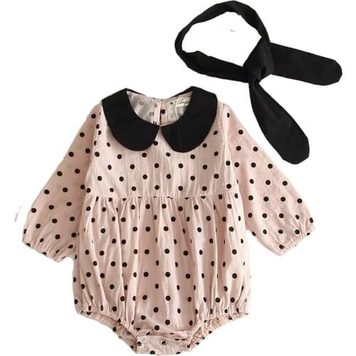 Baby Girls Peter-Pan Collar Polka Dot Decor Korean Style Cotton Summer Rompers+Turbans 2PCS Dressing Rompers