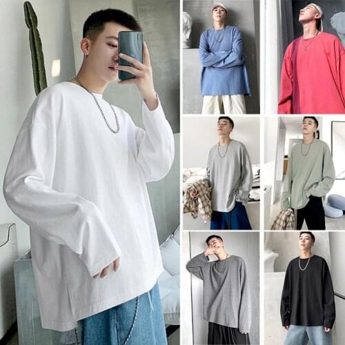 Men Casual T-shirt Solid Color O Neck Long Sleeve Side Slitting Loose Cotton Top Daily Dating Clothing Fashion Street Top