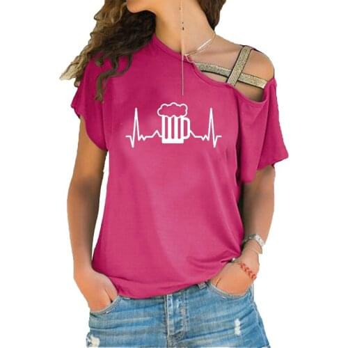 Beer Heartbeat Harajuku T Shirt Funny T-shirt Women Clothing Casual Short Sleeve Irregular Skew Cross Bandage Tops Tees Plus Siz