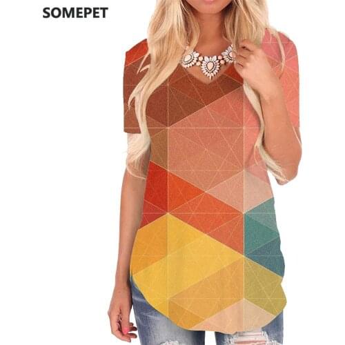 SOMEPET Geometry T Shirt Women Colorful Shirt Print Pattern Tshirts Printed Art V-neck Tshirt Womens Clothing Hip hop Printed