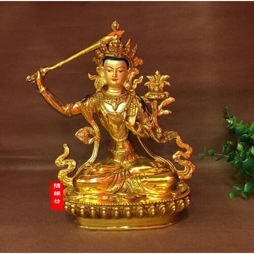 GOOD --22cm Buddhist Buddhism efficacious Protection Tibet Nepal Gold-plated the Bodhisattva Manjusri brass Buddha statue