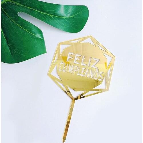 Spanish Happy Birthday Cake Topper Hexagon Rose Gold Feliz Cumpleanos Acrylic Cake Topper For Birthday Party Cake Decorations