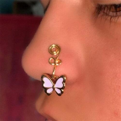 Goth Butterfly Nose Ring Copper Wire Spiral Fake Piercing Nose Cuff Clip Punk Nose Hoop Faux Piercing Body Jewelry