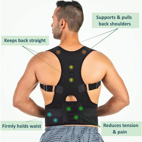 Magnetic Therapy Brace Adjustable Posture Corrector Shoulder Back Support Belt Relieves Neck Back Spine Pain Black XXL