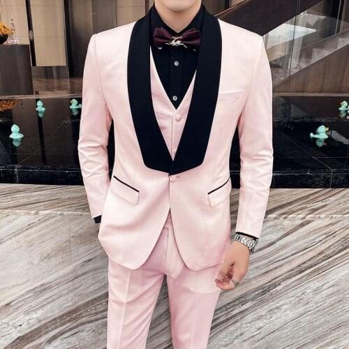 2021 Latest Design Fashion Pink Wedding Suits For Men Slim Fit 3 Piece Set Shawl Lapel Groom Party Mens Tuxedo Best Man Blazer