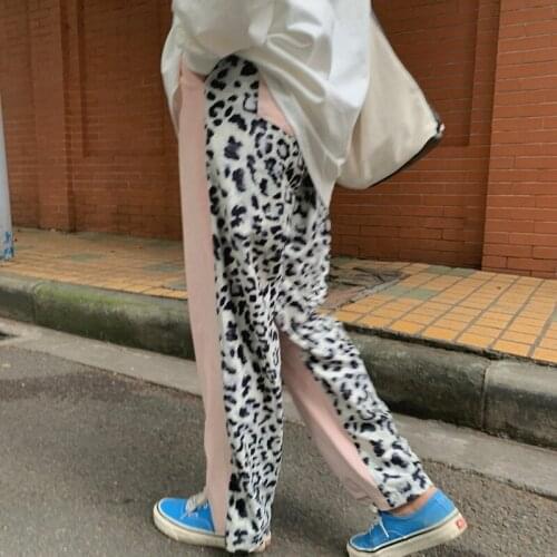2021 New Women Spring Vintage Leaopard Patchwork Long Pants Sweatpants Elastic High Waist Loose Trousers