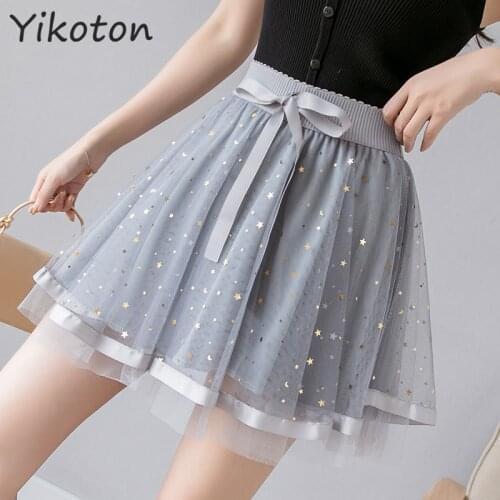 New Fashion Womens Skirt 2021 Summer Ball Gown Mesh Kawaii Mini Skirts Casual Sweet Solid High-waisted Elastic Skirt Short