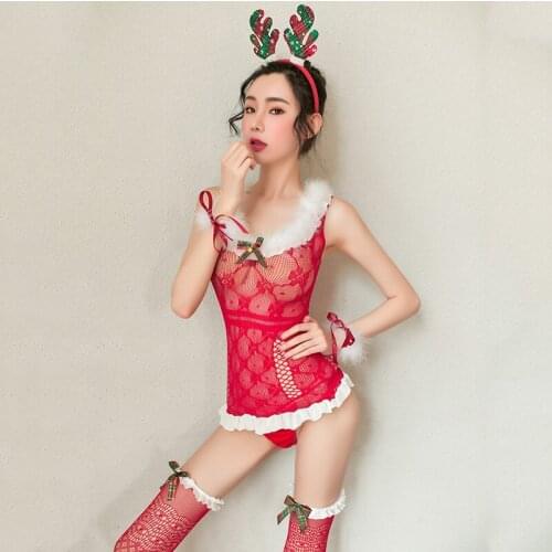 New Christmas Cosplay Costumes Sexy Red Lingerie Tree Adorable Hot Erotic Bunny Girl Fishnet Bodysuit For Women Underwear Set