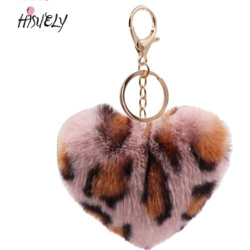 New Artificial Rabbit Fur Pom-pom Keychain Leopard-print Pom-pom Keychain Lady Mobile Phone Bag Key Ring Love Pendant Decoration