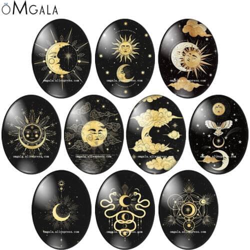 Black Golden Sun and Moon Cartoon Patterns 13x18mm/18x25mm/30x40mm Oval photo glass cabochon flat back Making findings