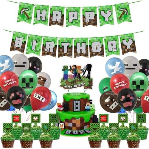Pixel War Theme Party Decoration Latex Balloon Set Anime Happy Birthday Flags Banners Cake Card Kids Favorite DIY Layout Toys
